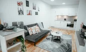 Living room with a comfortable pull-out sofa, coffee table, elegant rug, flat-screen TV, and bar table | © All rights reserved