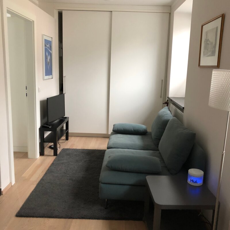 Helles Wohnzimmer mit Sofa & TV – 2-Zimmer Wohnung zur Kurzzeitmiete & Wohnen auf Zeit für 1 bis 6 Monate in Salzburg