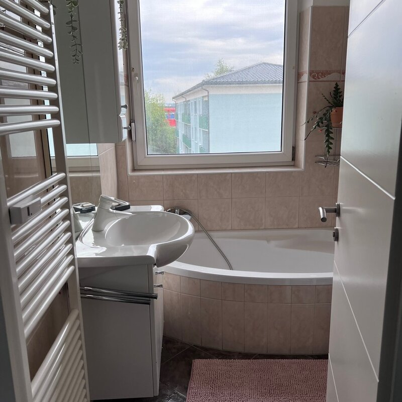 The bathroom with large window