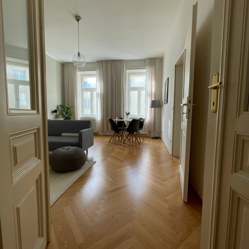 View from the entrance hall into the living and dining room