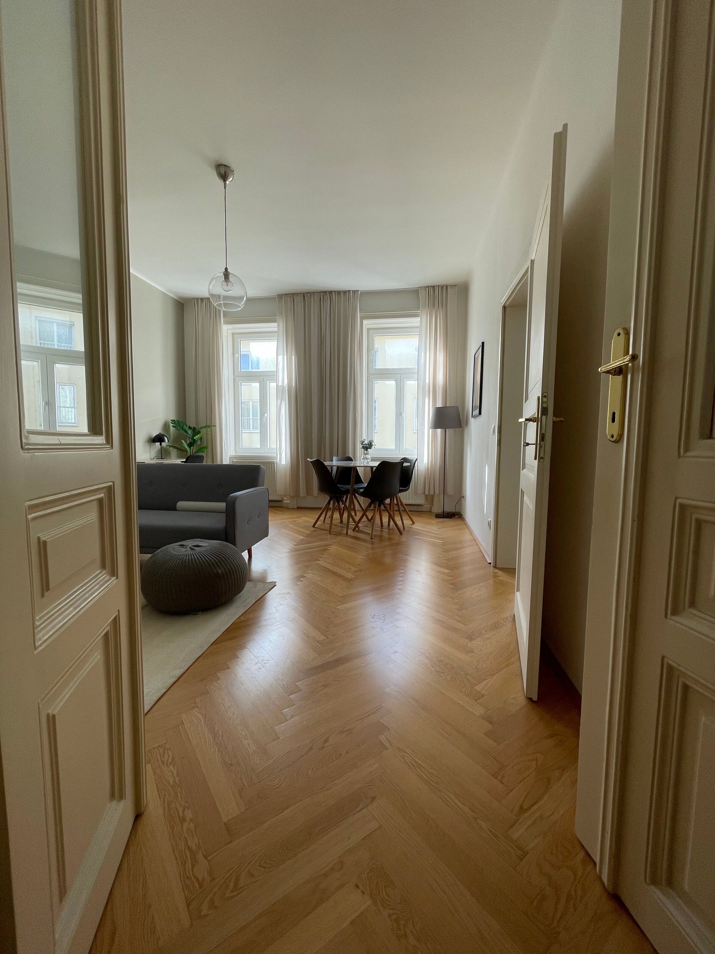 View from the entrance hall into the living and dining room
