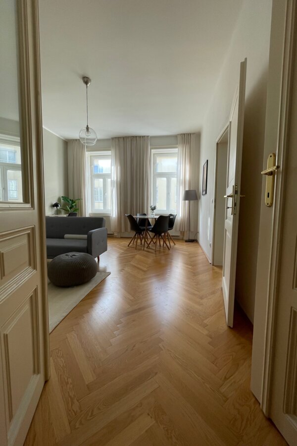View from the entrance hall into the living and dining room