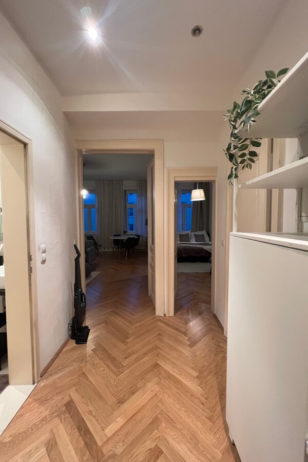 Entrance hall with view of living room and bedroom