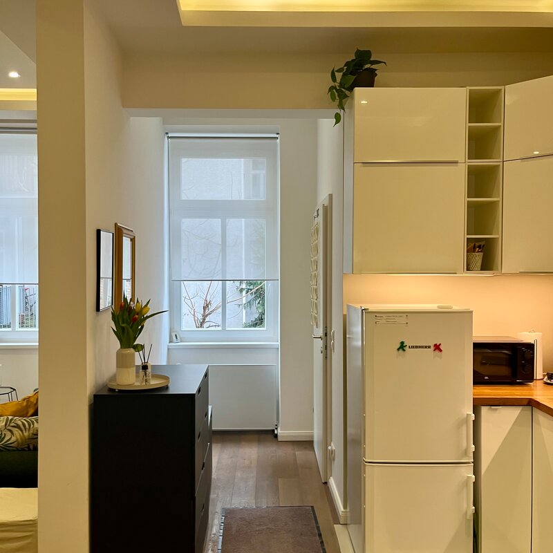 Looking back: kitchen, living/dining room and small hallway leading to the entrance hall