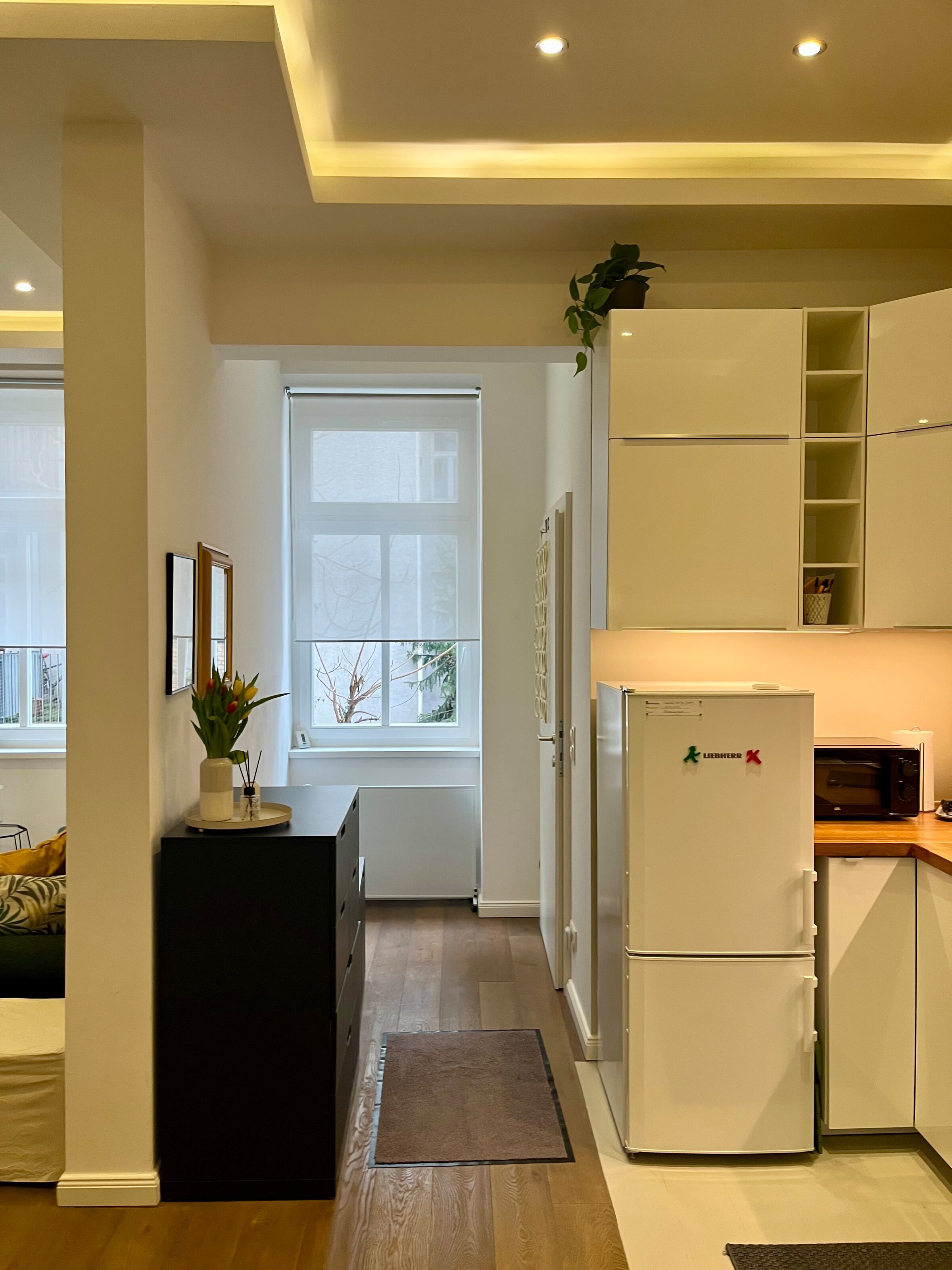 Looking back: kitchen, living/dining room and small hallway leading to the entrance hall