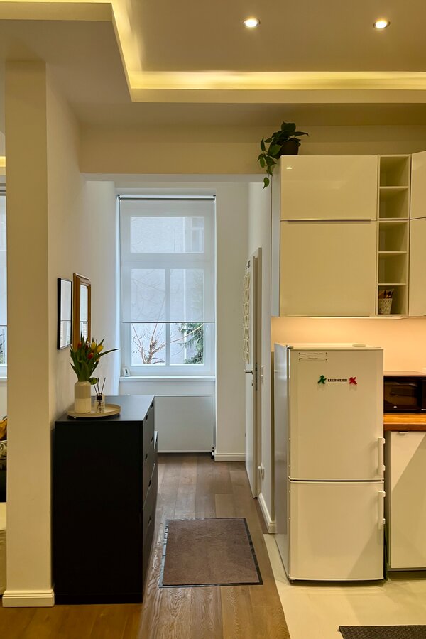 Looking back: kitchen, living/dining room and small hallway leading to the entrance hall