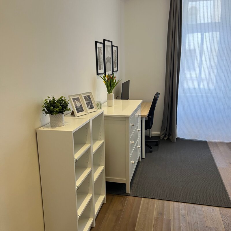 Sleeping/work area: bookcase, chest of drawers and desk