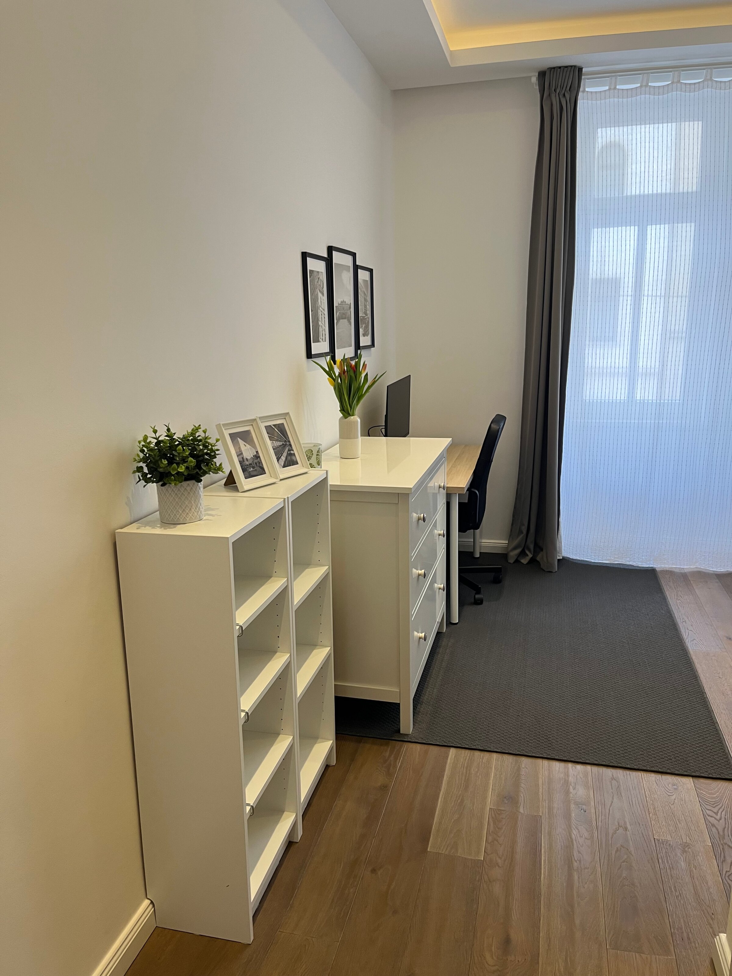 Sleeping/work area: bookcase, chest of drawers and desk
