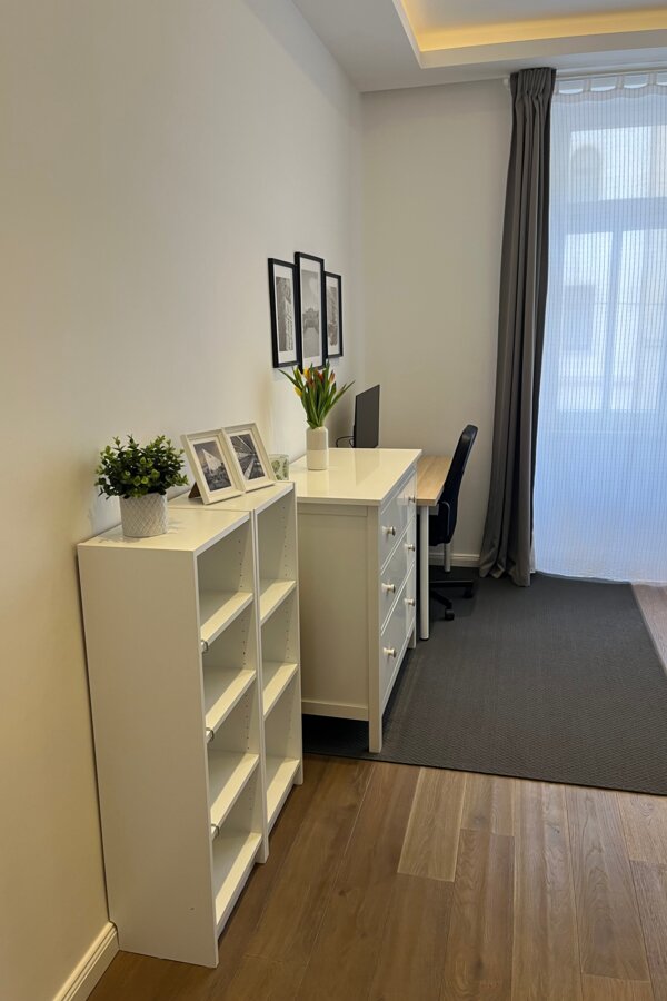 Sleeping/work area: bookcase, chest of drawers and desk