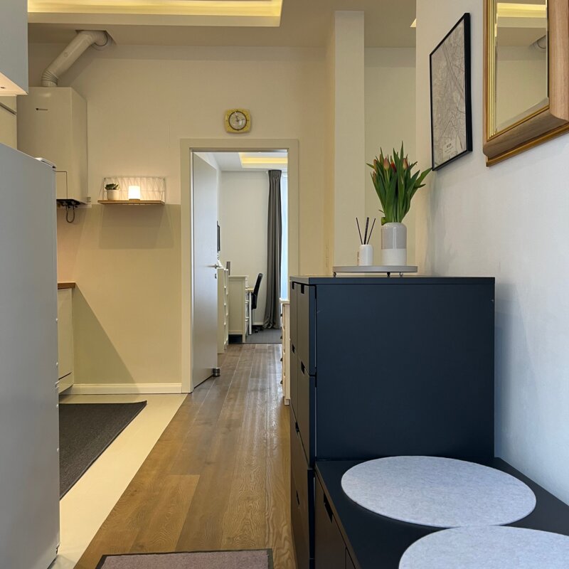 Looking ahead: through the kitchen to the sleeping/working area