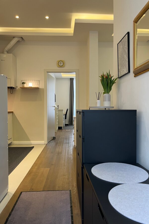 Looking ahead: through the kitchen to the sleeping/working area