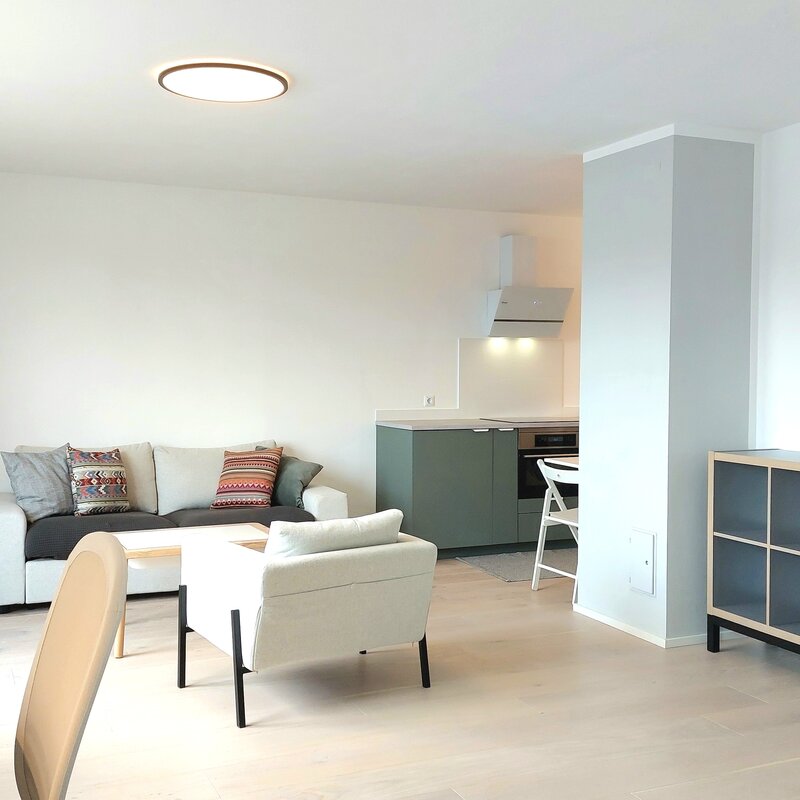 Wohnzimmer mit Arbreitsplatz und angeschlossener Küche