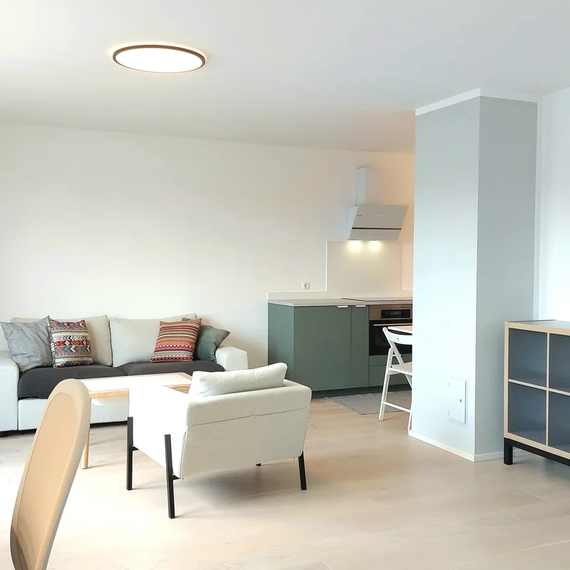 Wohnzimmer mit Arbreitsplatz und angeschlossener Küche