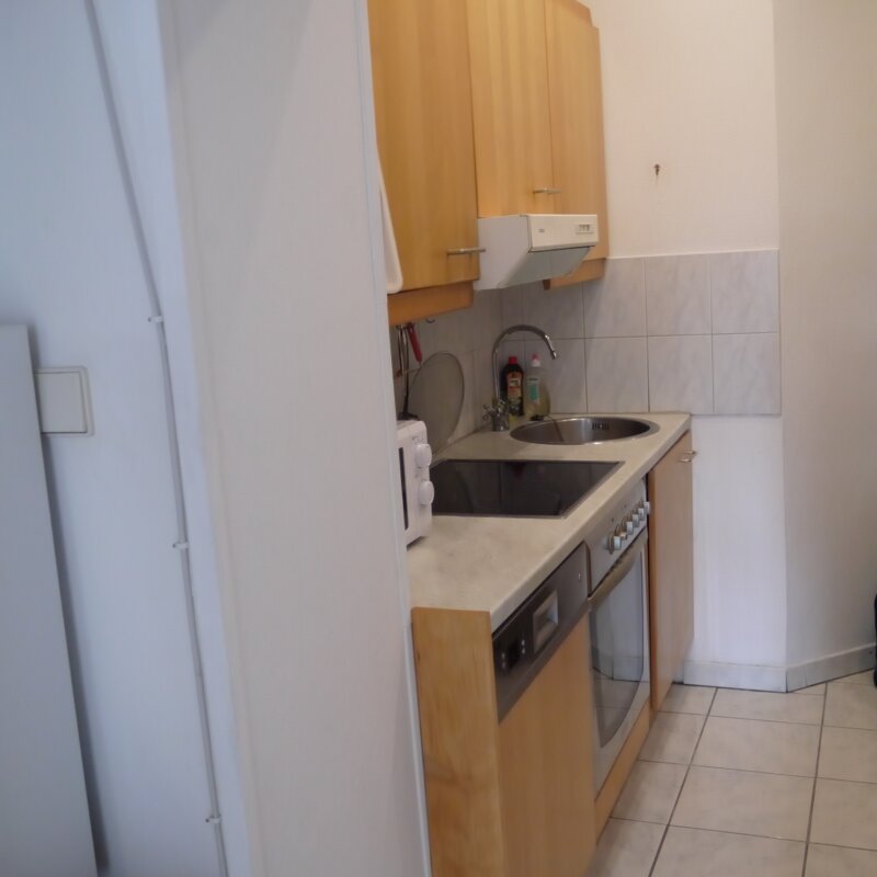 Küche vom Vorraum betrachtet mit Mikrowelle, Geschirrspüler, Spüle und Herd