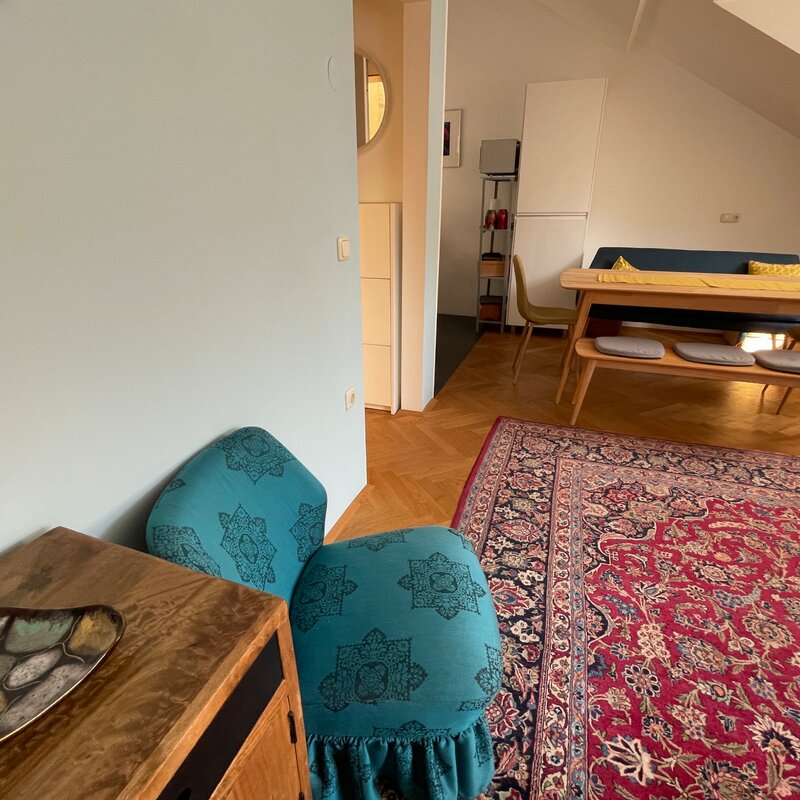The flat is furnished using both modern and vintage furniture.