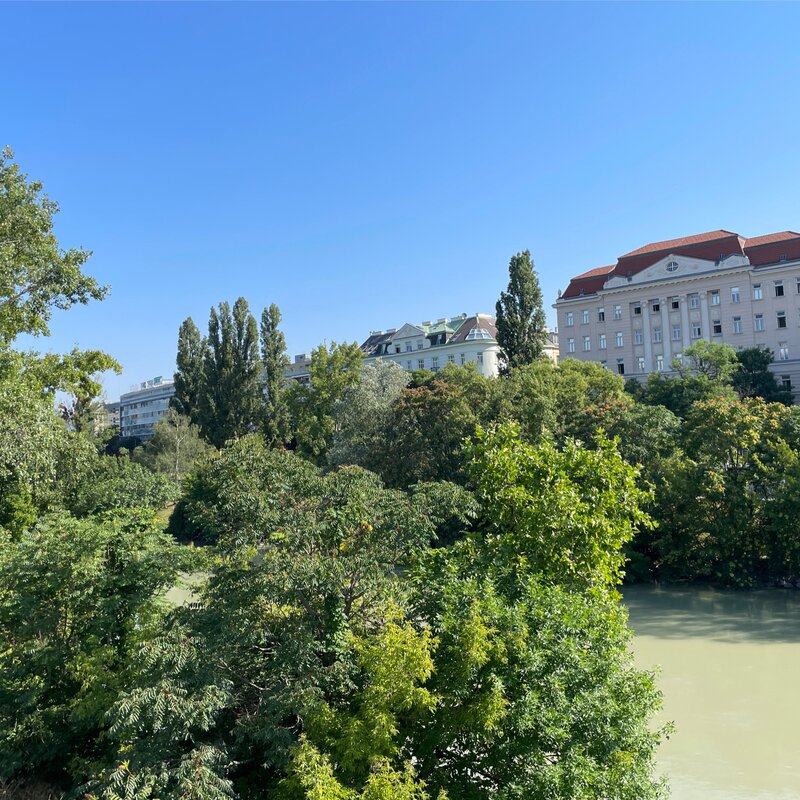 This is the view from the underground station Friendensbrücke onto the Danube channel. 
