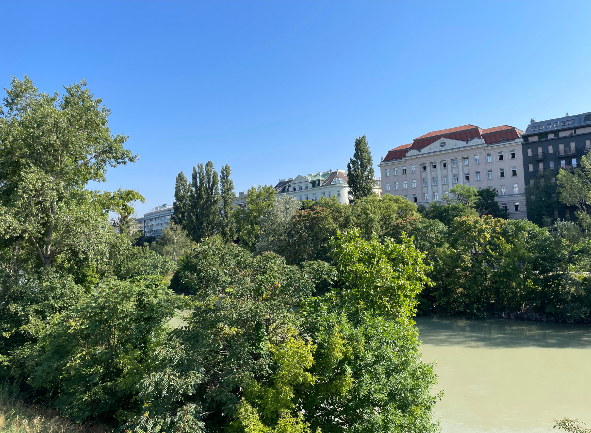 This is the view from the underground station Friendensbrücke onto the Danube channel. 