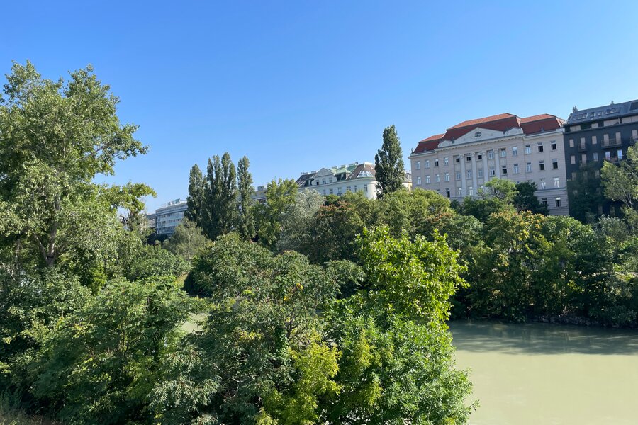 This is the view from the underground station Friendensbrücke onto the Danube channel. 