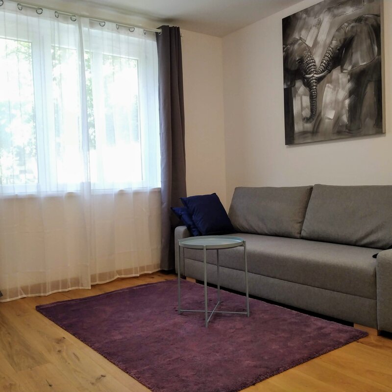 Helles Wohnzimmer mit Sofa & Parkettboden – 2-Zimmer-Wohnung, Kurzzeitmiete & Wohnen auf Zeit für 1 bis 6 Monate in Wien