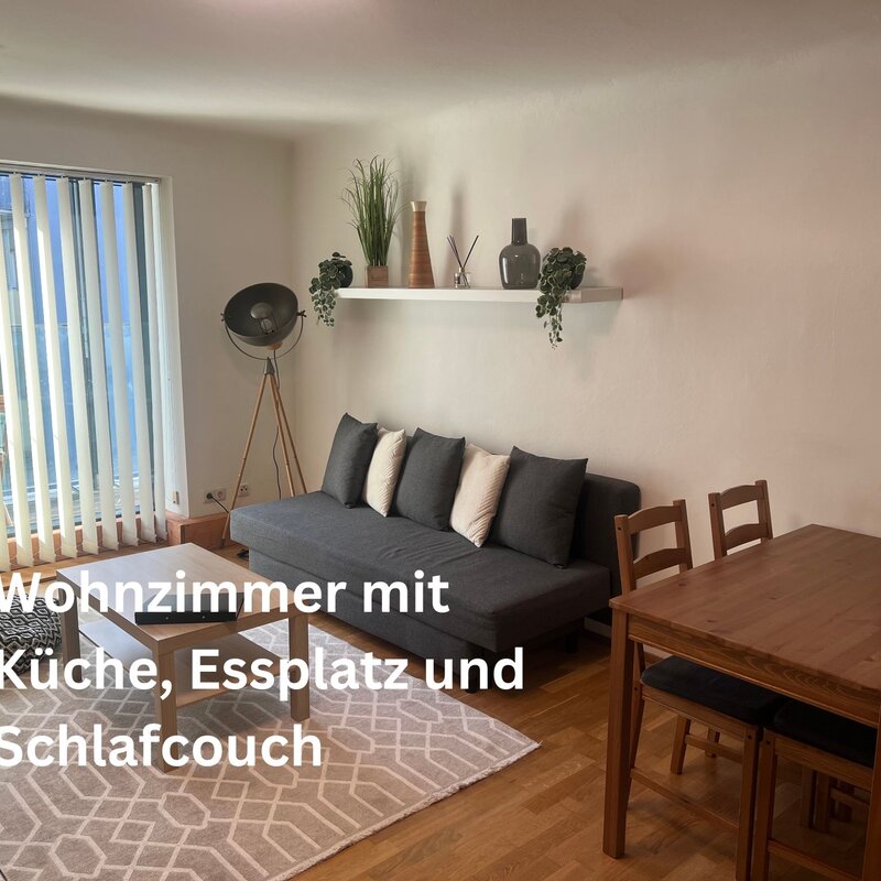 Wohnzimmer mit Küche, Essplatz und Couch