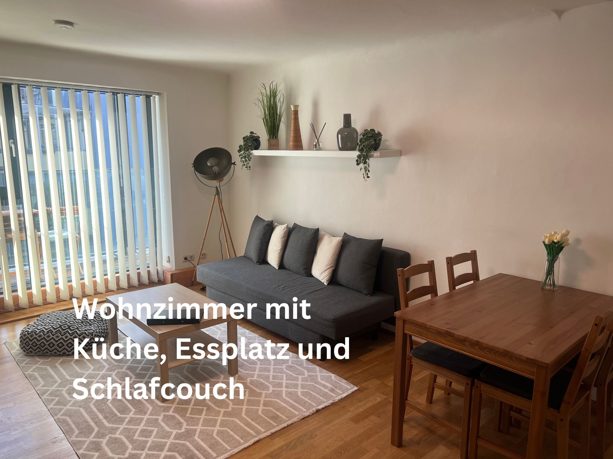 Wohnzimmer mit Küche, Essplatz und Couch