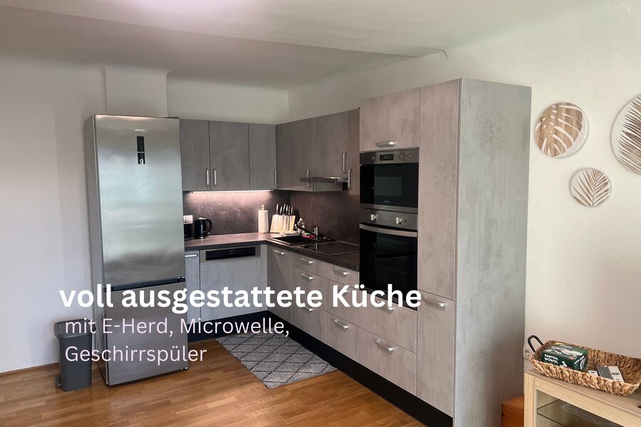 fully equipped kitchen with stove, microwave, dishwasher