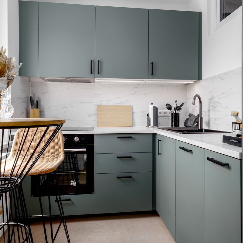 New stylish kitchen with bar table and stools incl. cooking accessories and NESPRESSO coffee machine