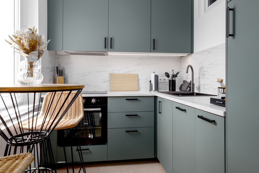 New stylish kitchen with bar table and stools incl. cooking accessories and NESPRESSO coffee machine