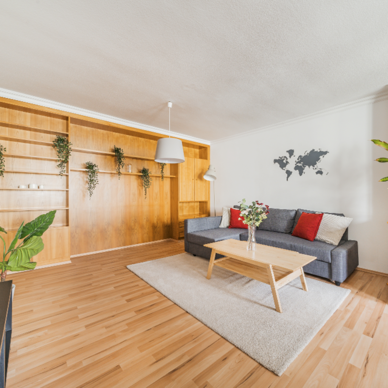 Gemütliches Wohnzimmer mit Schlafcouch und Smart TV