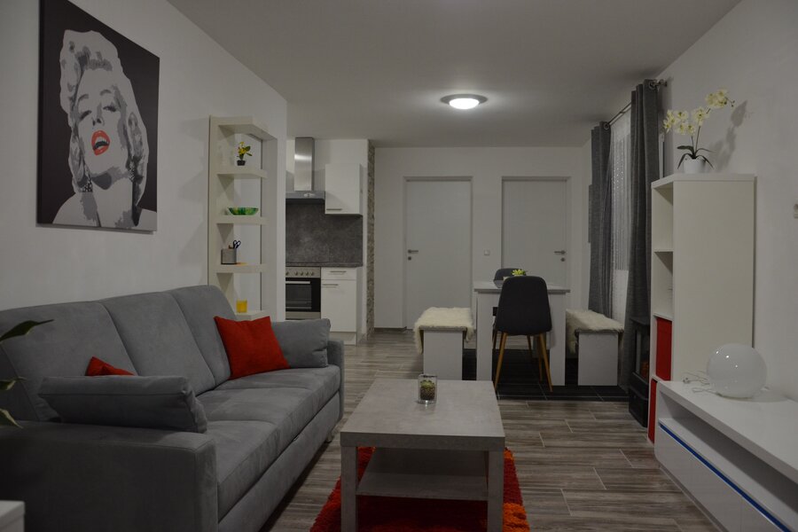 Bright living room with kitchenette: 3-room apartment, stylishly furnished, short-term rental Linz-Pöstlingberg