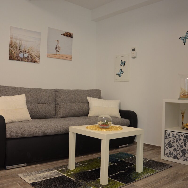 Helles Wohnzimmer mit Schlafsofa & Stauraum – 1-Zimmer Apartment zur Kurzzeitmiete in Linz, Wohnen auf Zeit 1–6 Monate