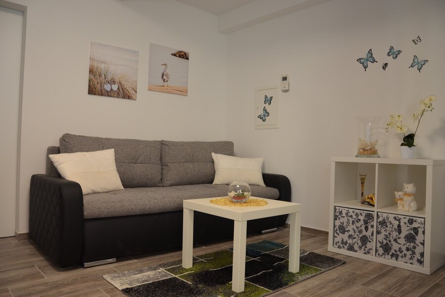 Helles Wohnzimmer mit Schlafsofa & Stauraum – 1-Zimmer Apartment zur Kurzzeitmiete in Linz, Wohnen auf Zeit 1–6 Monate