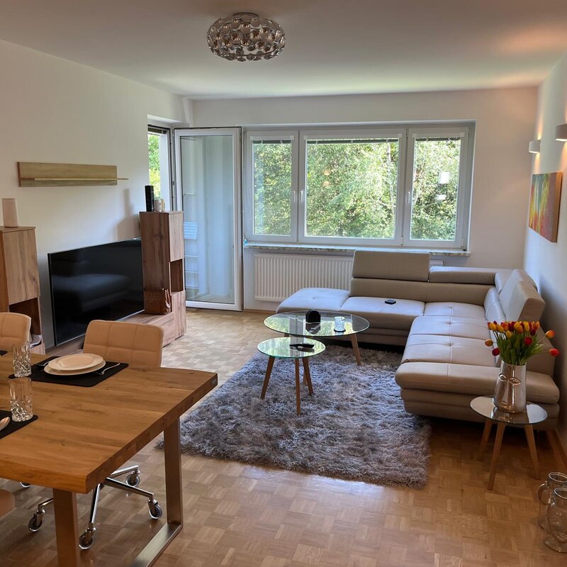 Living and Dining Room with Balcony, towards South