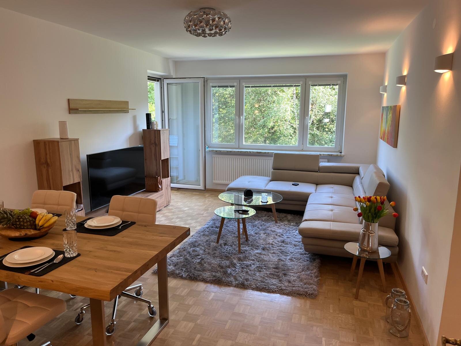 Living and Dining Room with Balcony, towards South