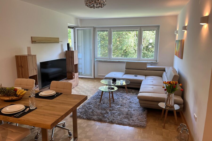 Living and Dining Room with Balcony, towards South