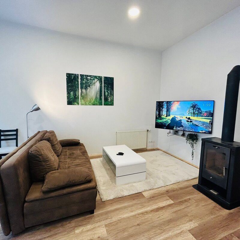 Helles Wohnzimmer mit Kaminofen & TV – 2-Zimmer Wohnung zur Kurzzeitmiete, Wohnen auf Zeit 1 bis 6 Monate, Wien