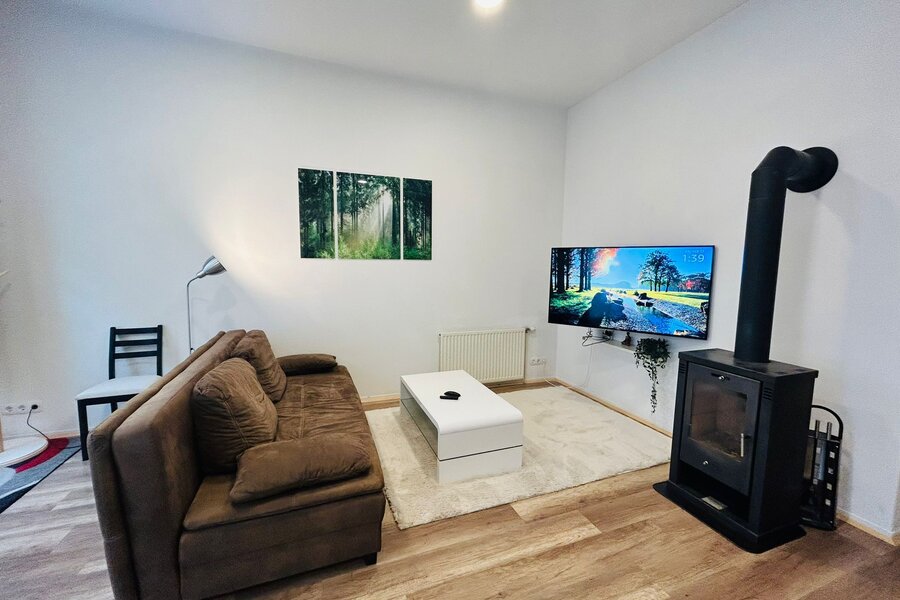 Helles Wohnzimmer mit Kaminofen & TV – 2-Zimmer Wohnung zur Kurzzeitmiete, Wohnen auf Zeit 1 bis 6 Monate, Wien