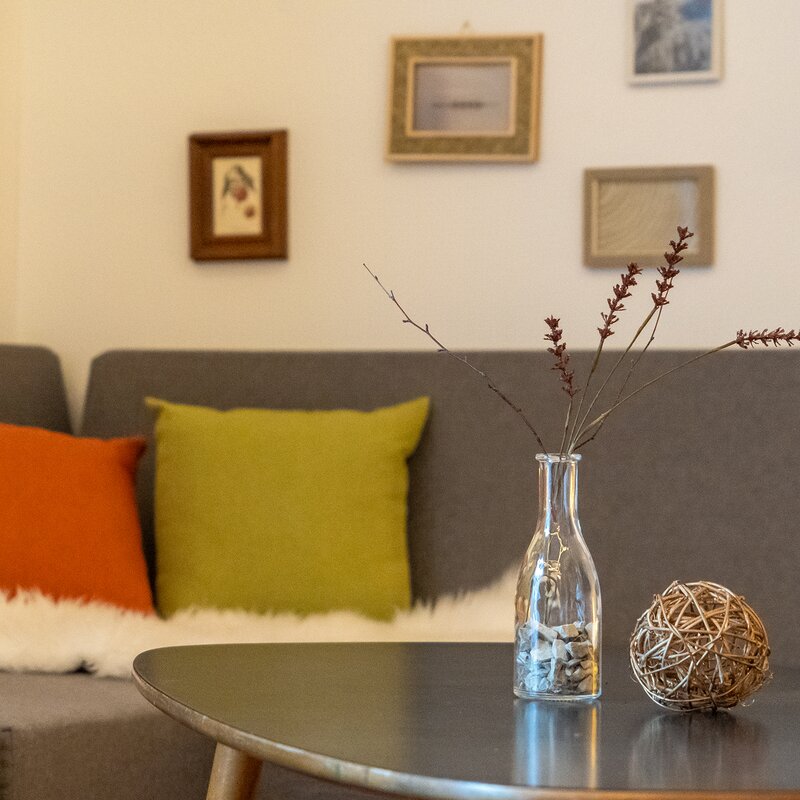 Stylish living room with sofa & decor – 2-room apartment for short-term rental & temporary housing for 1 to 6 months in Bad Aussee