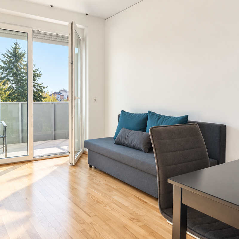 Bright living room with balcony – 2-room apartment for short-term rental & temporary housing for 1 to 6 months in Graz