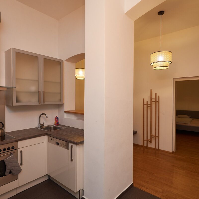 Küche mit Geschirrspüler, Backofen und Mikrowelle