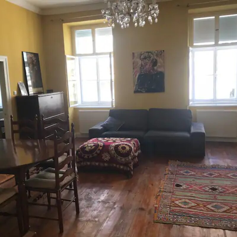 Blick auf das Wohnzimmer. Die Couch ist ausziehbar und sehr komfortabel für zwei weitere Personen.