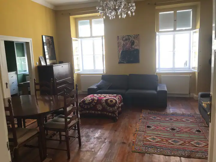 Blick auf das Wohnzimmer. Die Couch ist ausziehbar und sehr komfortabel für zwei weitere Personen.