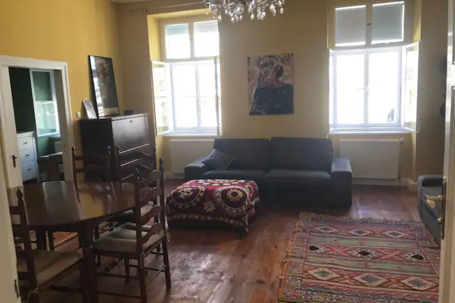 Blick auf das Wohnzimmer. Die Couch ist ausziehbar und sehr komfortabel für zwei weitere Personen.