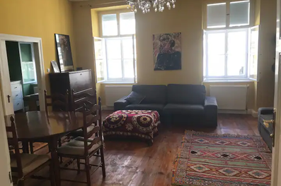 Blick auf das Wohnzimmer. Die Couch ist ausziehbar und sehr komfortabel für zwei weitere Personen.