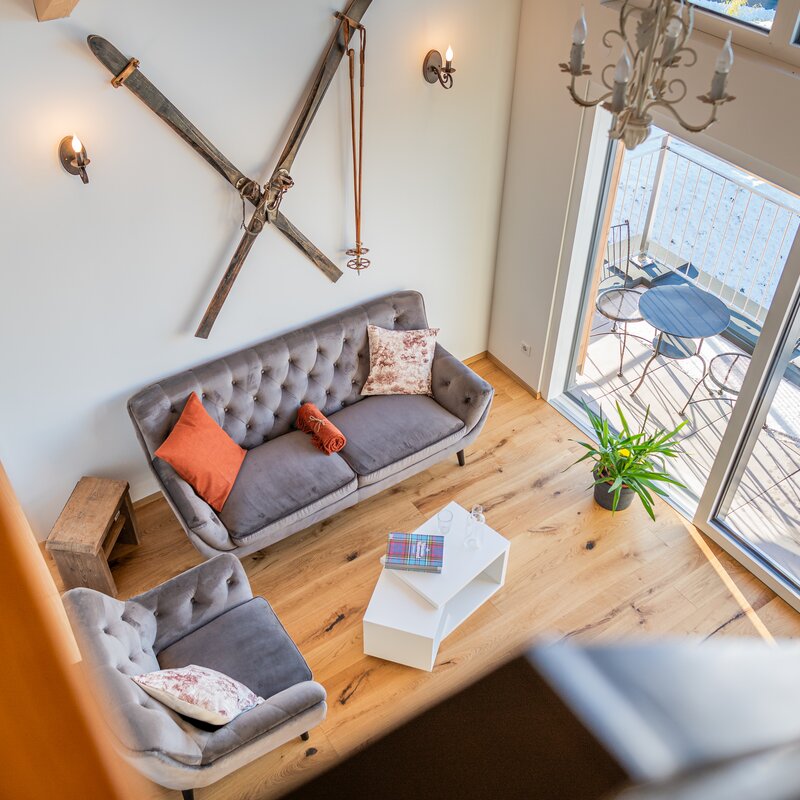 view from bedroom down to living room