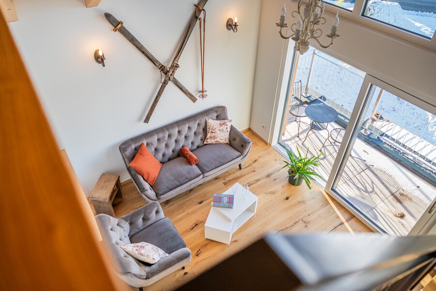 view from bedroom down to living room