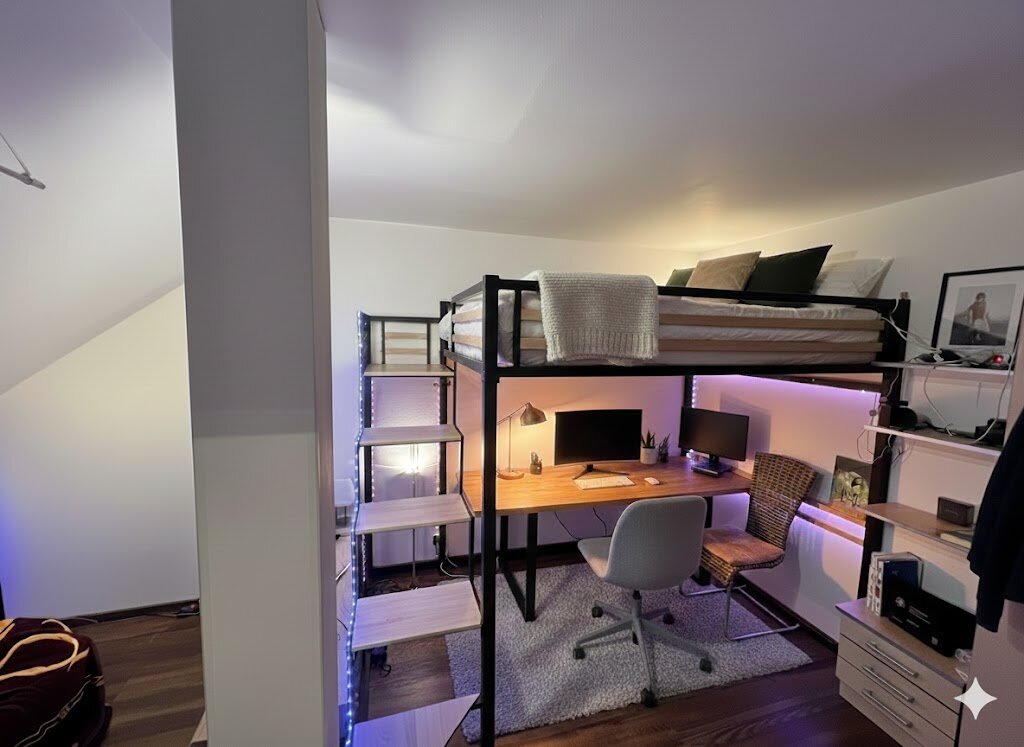 Furnished 1-room apartment with loft bed & lit desk area – short-term rental & temporary housing for 1 to 6 months in Salzburg