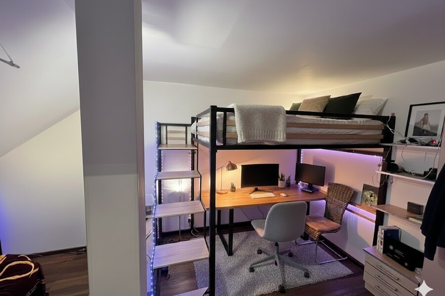 Furnished 1-room apartment with loft bed & lit desk area – short-term rental & temporary housing for 1 to 6 months in Salzburg