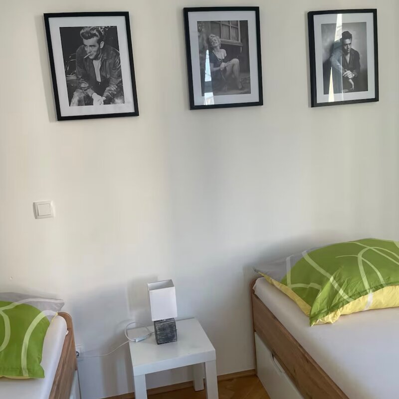 bedroom with two beds, a bedside table, a dresser and two windows