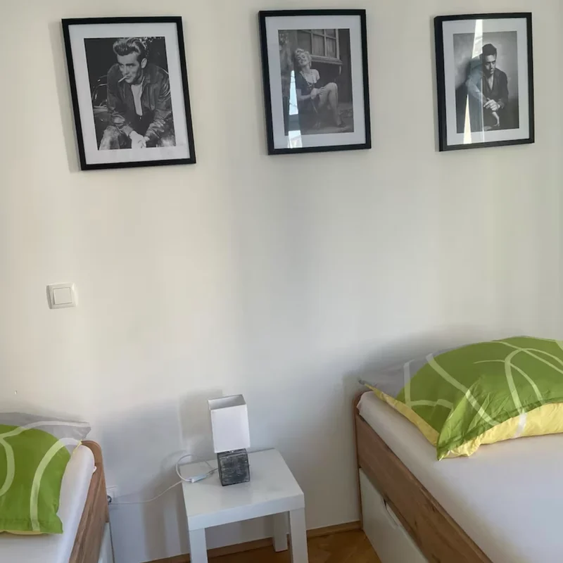 bedroom with two beds, a bedside table, a dresser and two windows